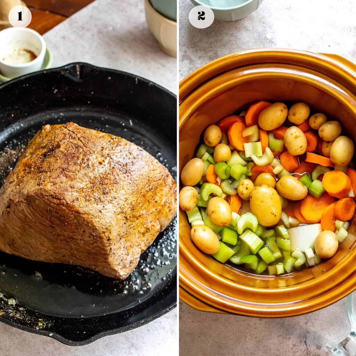 An image of browning the beef in a skillet.