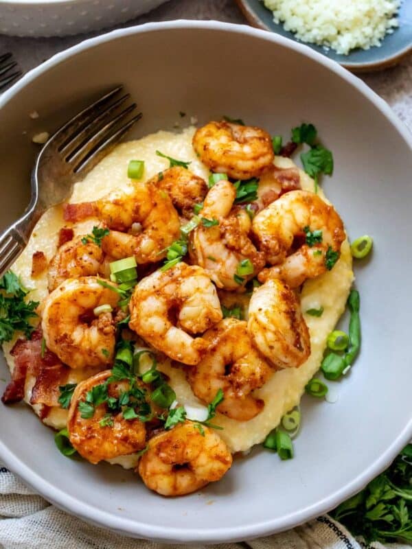 An image of new orleans shrimp and grits in a bowl.