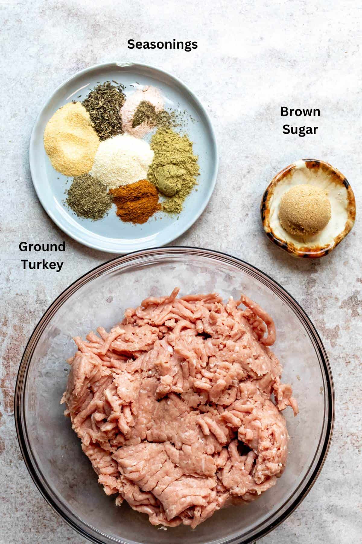 An image of ground turkey in a bowl and seasonings on a plate.