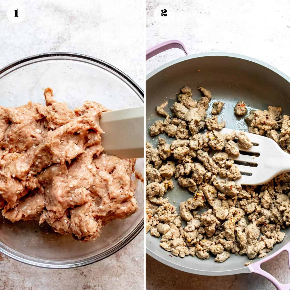 An image of mixing ground turkey with seasonings then cooking it on a pan.