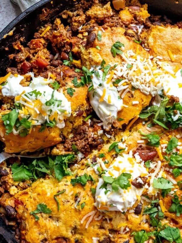 An image of chili cornbread casserole ready to be served.