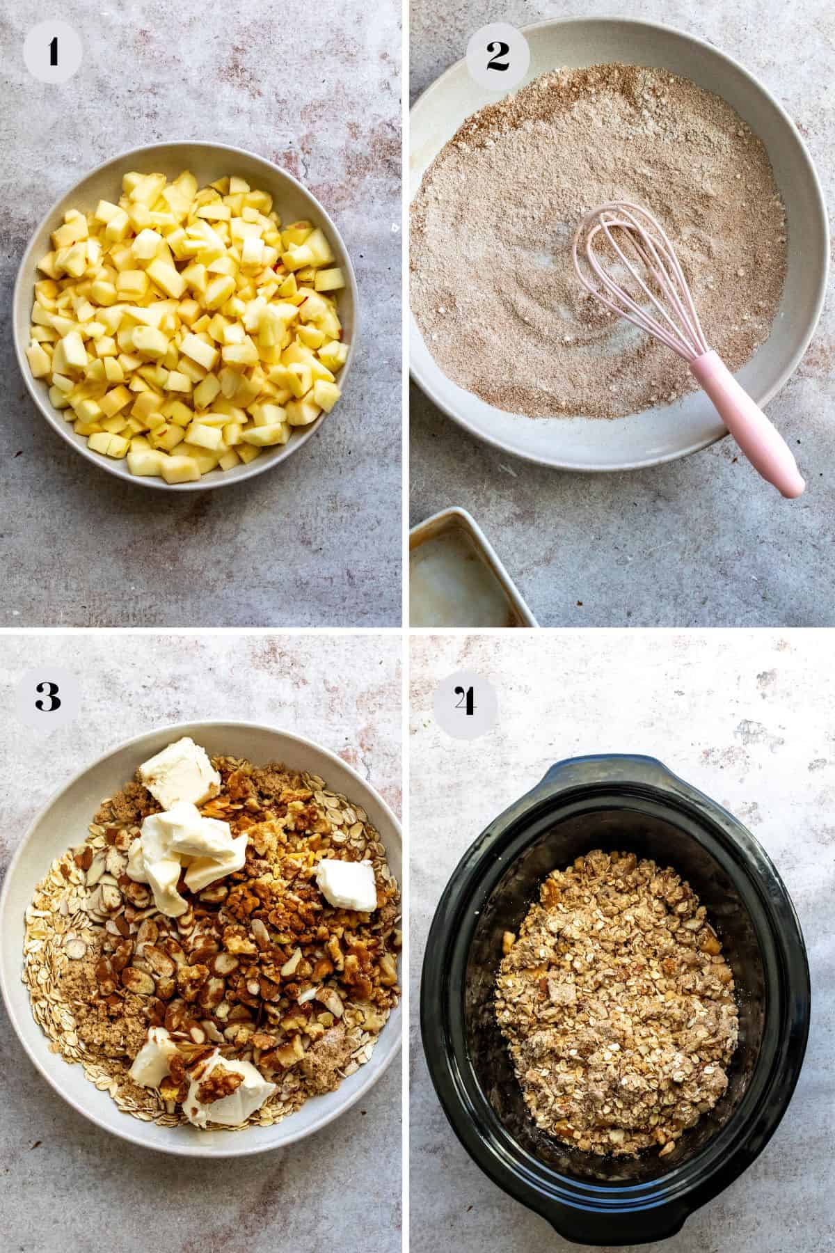 White bowl with ingredients mixed in it and a pink whisk. 