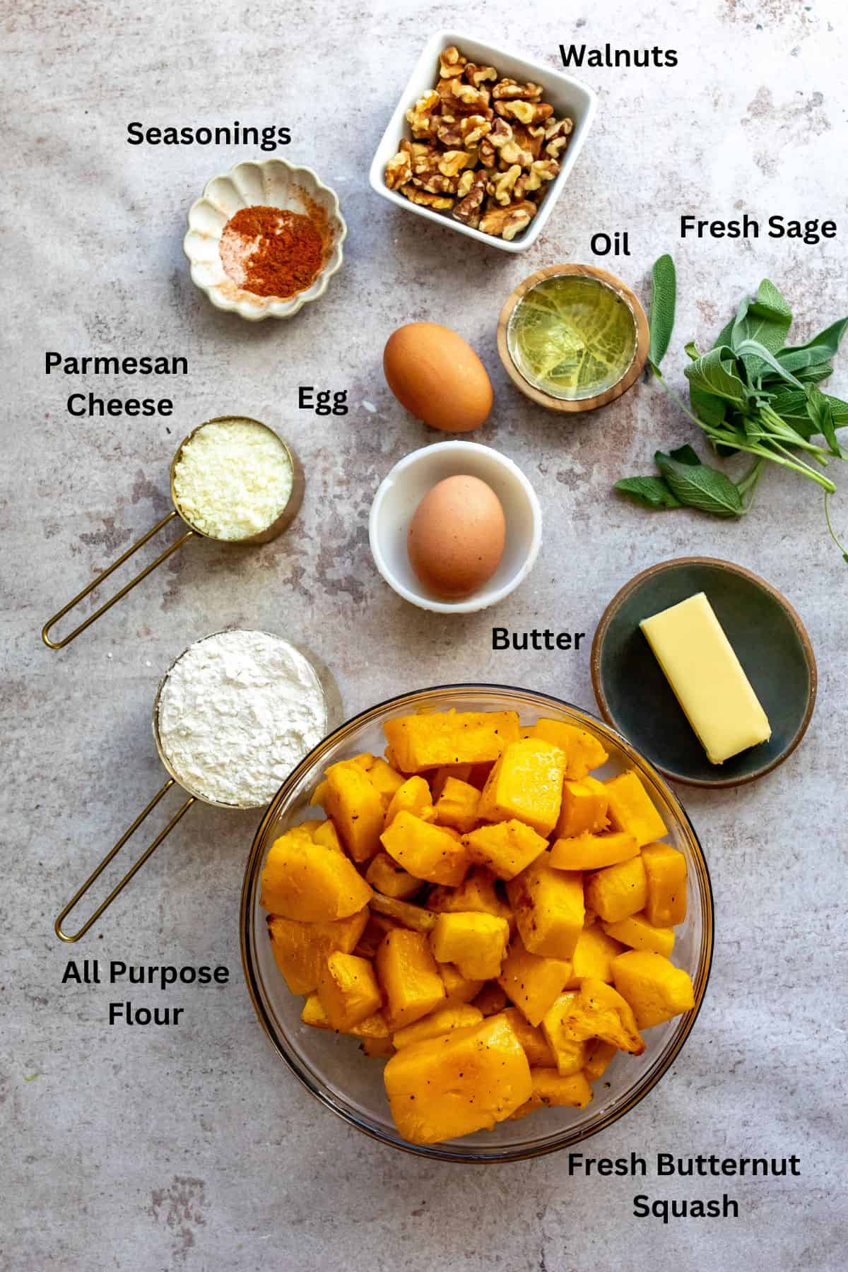 The ingredients of the squash gnocchi recipe.