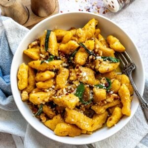 An image of butternut squash gnocchi in a bowl.