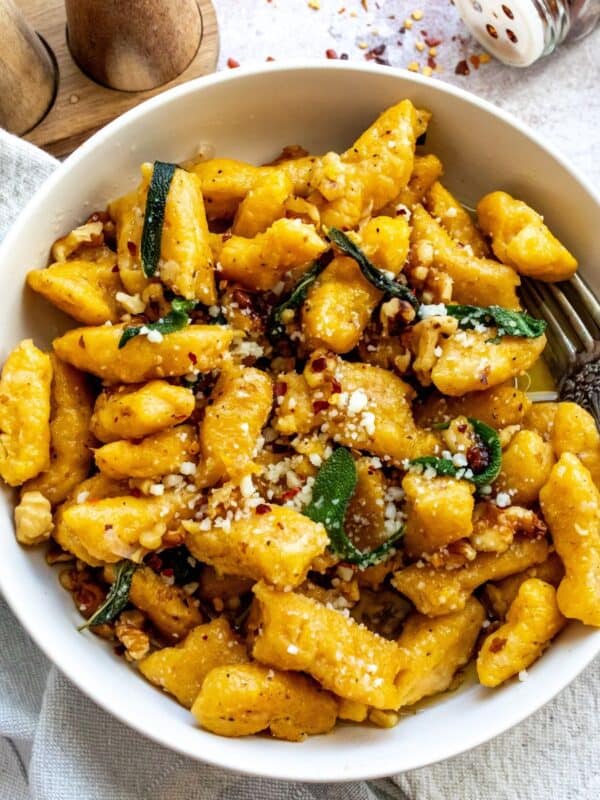 An image of butternut squash gnocchi in a bowl.