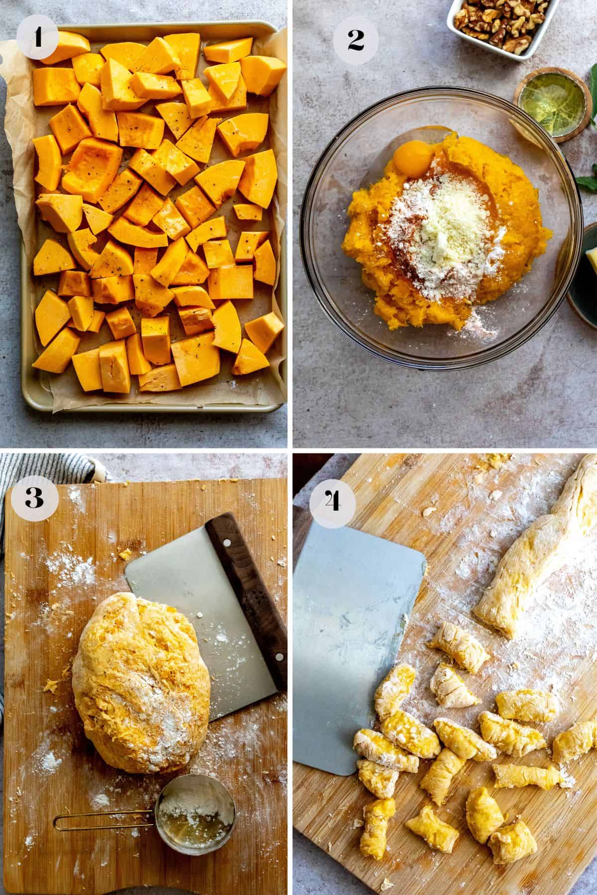 Roasting butternut squash in a pan and rolling the gnocchi in a board.