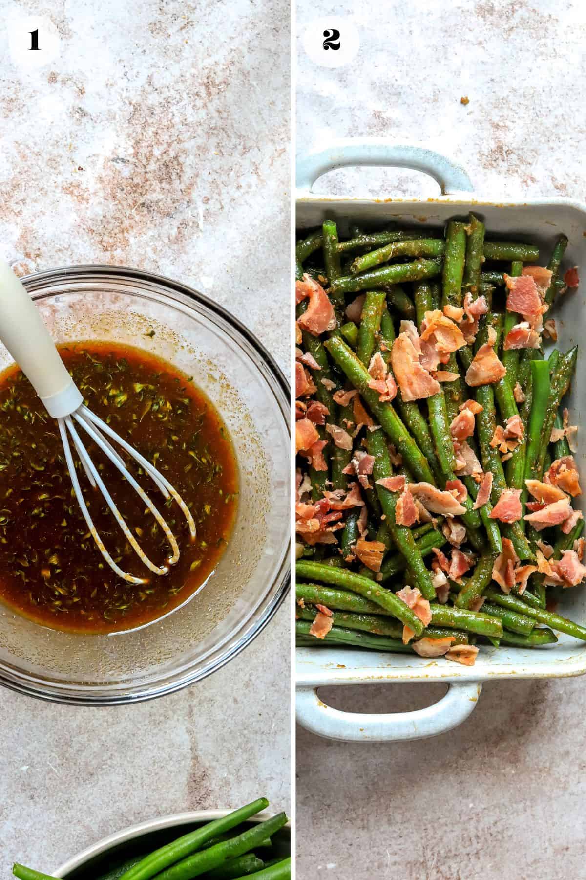 An overhead image of making the honey brown sugar sauce and baking the green beans.