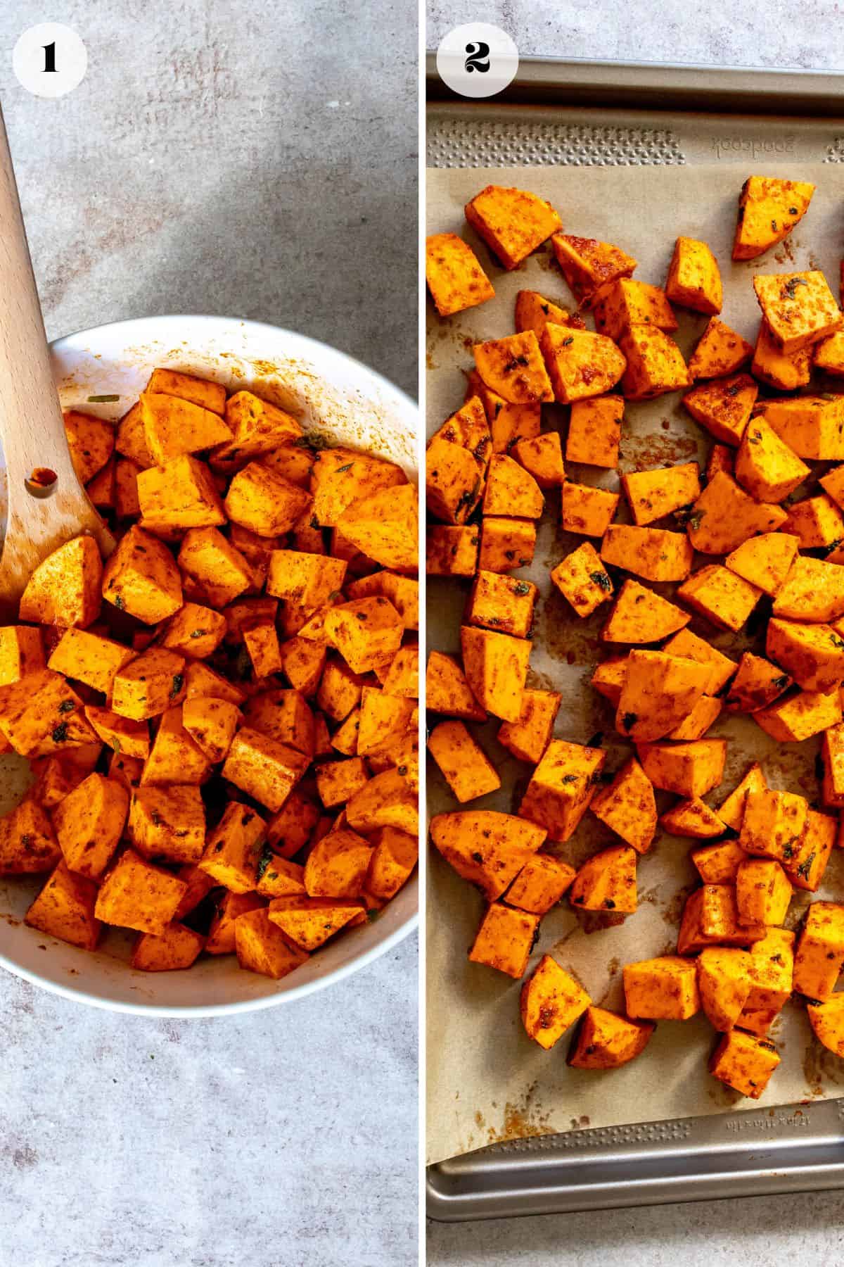 Sweet potatoes in a bowl and on a roasting pan. 