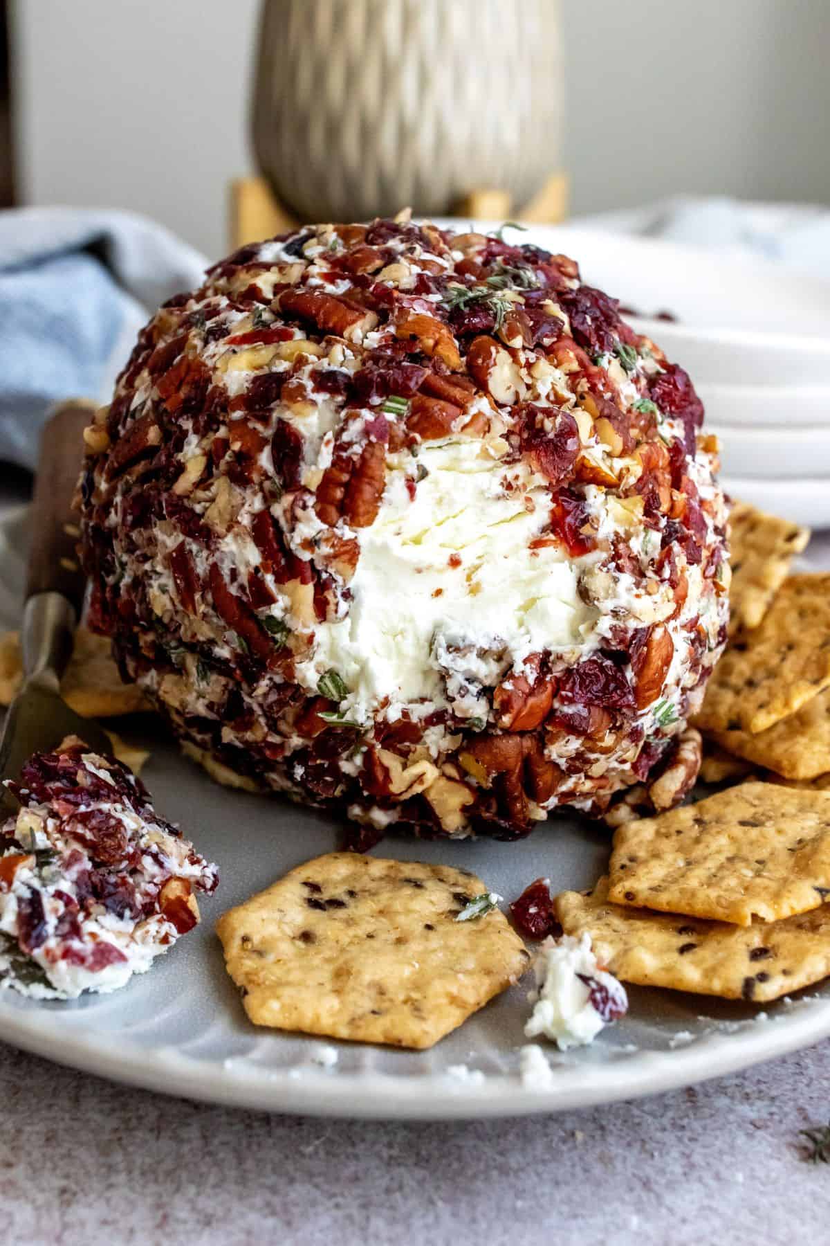 Up close photo of goat cheese ball with crackers on the side. 