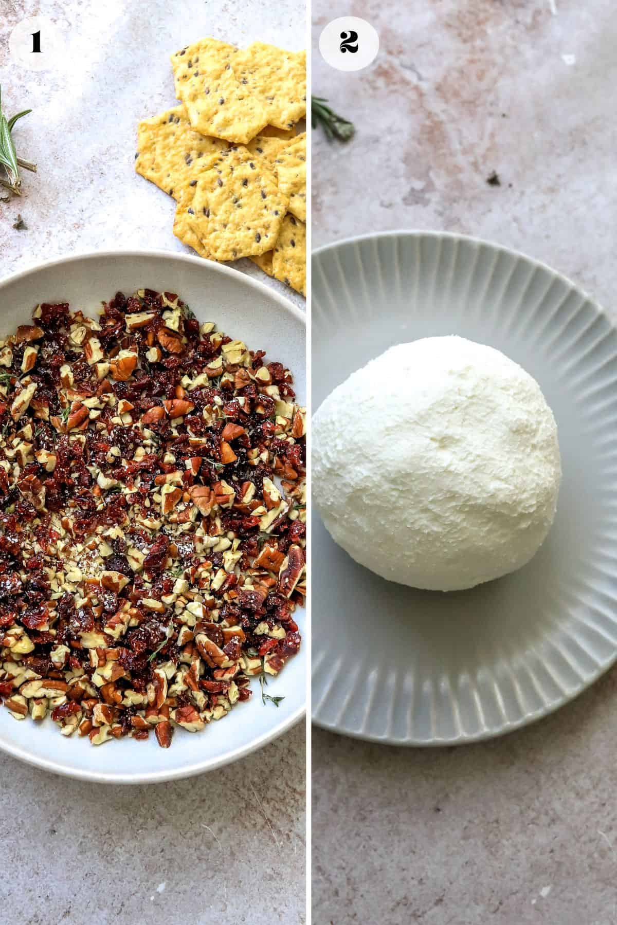 Plate with chopped pecans and cranberries on it and a big ball of goat cheese on the side. 