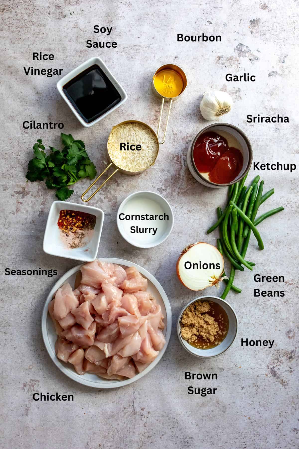 Ingredients needed to make the recipe on a counter in small dishes with labels. 