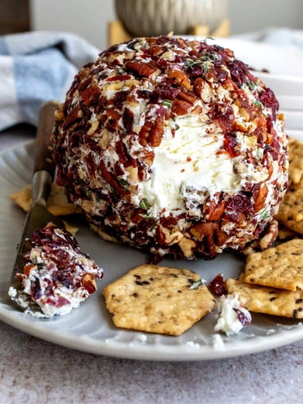 Up close photo of goat cheese ball with crackers on the side.