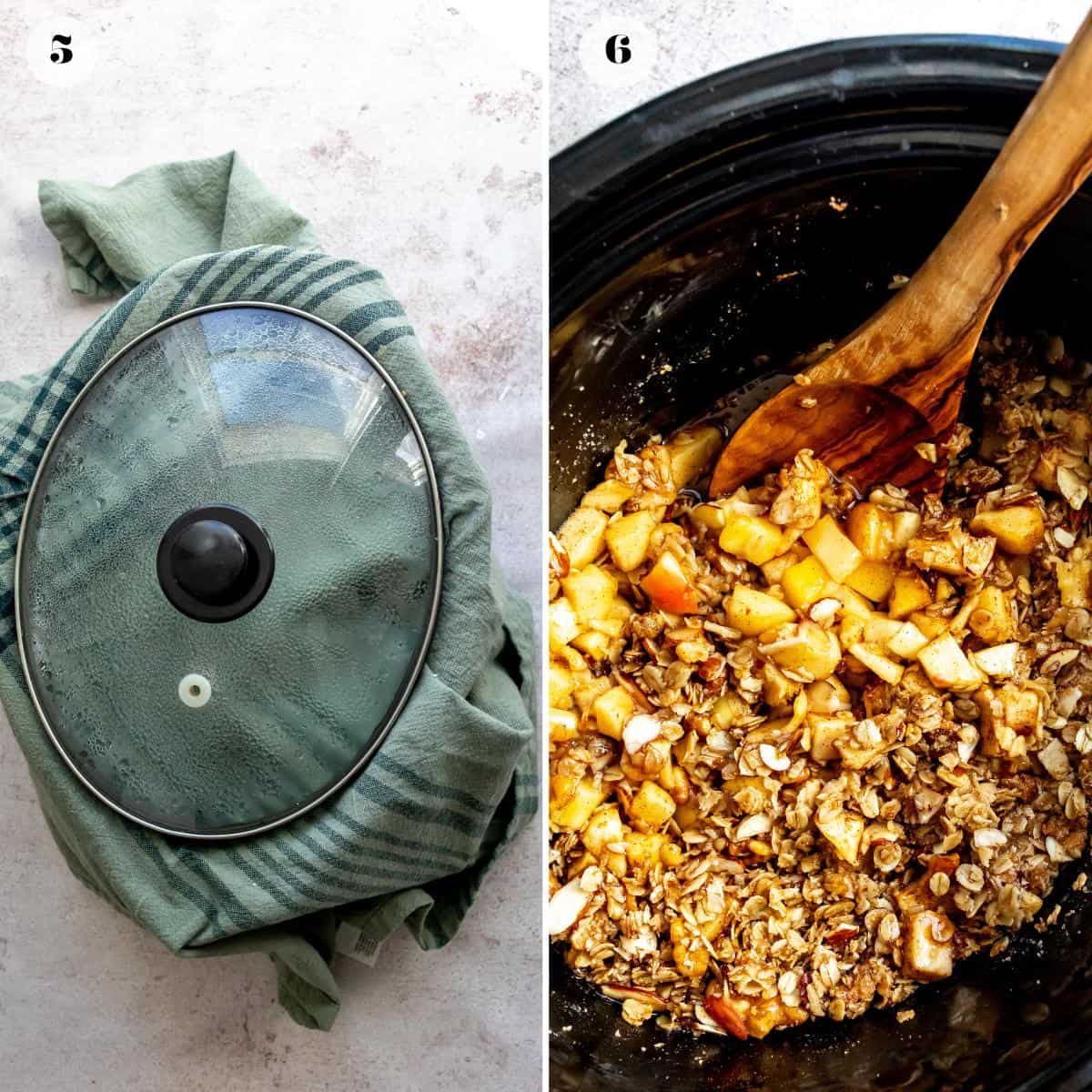 Overhead photo of slow cooker with ingredients in it. 