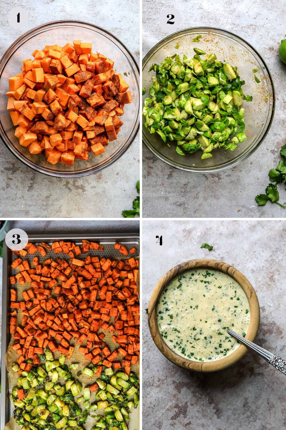 glass bowl with veggies and seasonings in it for roasting. 