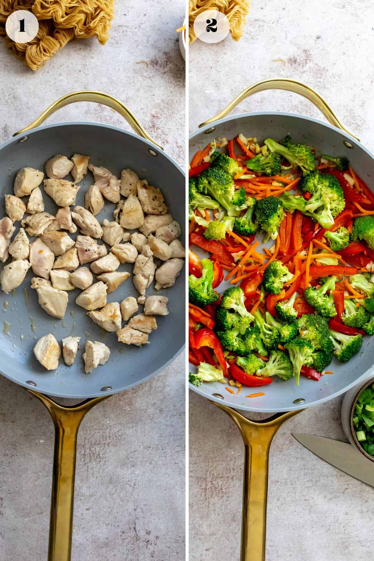 Grey skillet with browned chicken in it and then with sautéed veggies.  