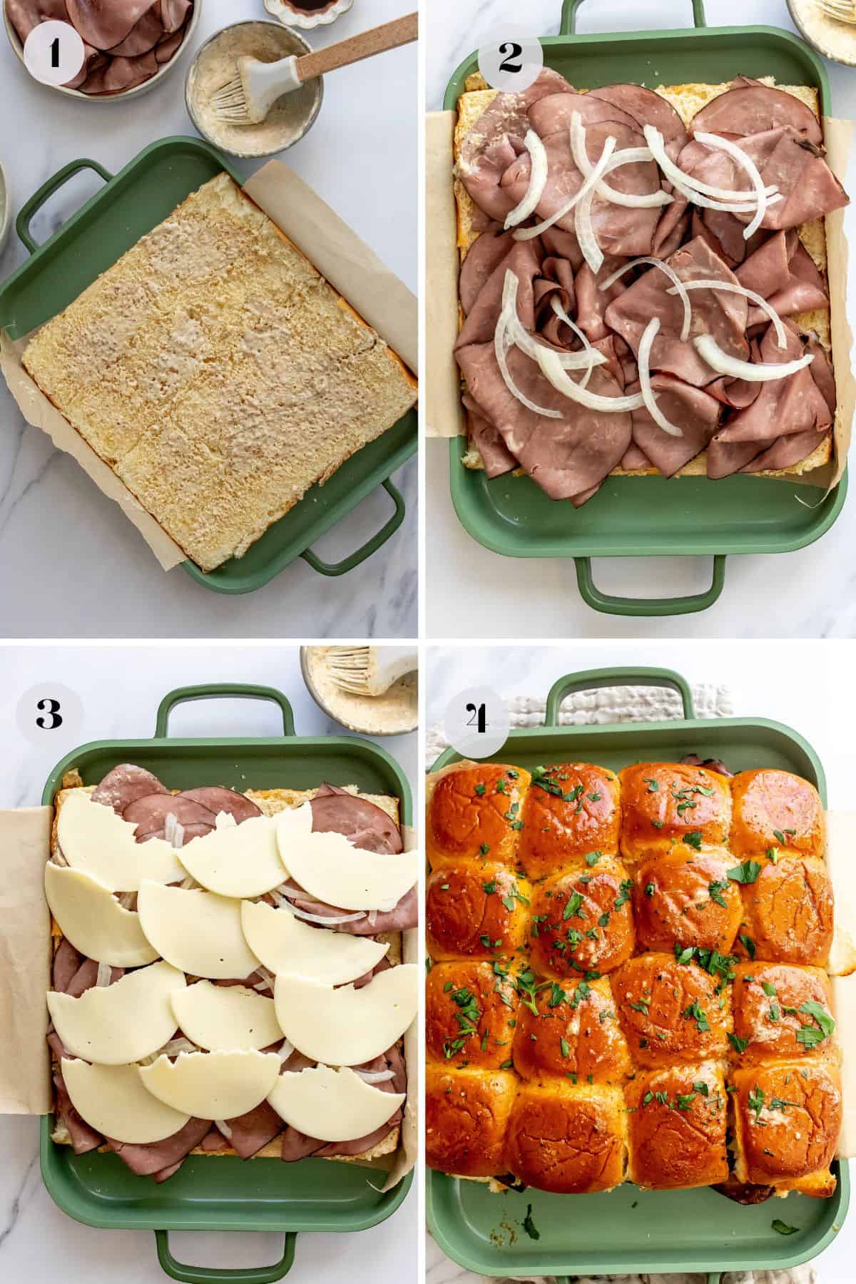 Steps to make this recipe in a green baking pan with beef and onions. 