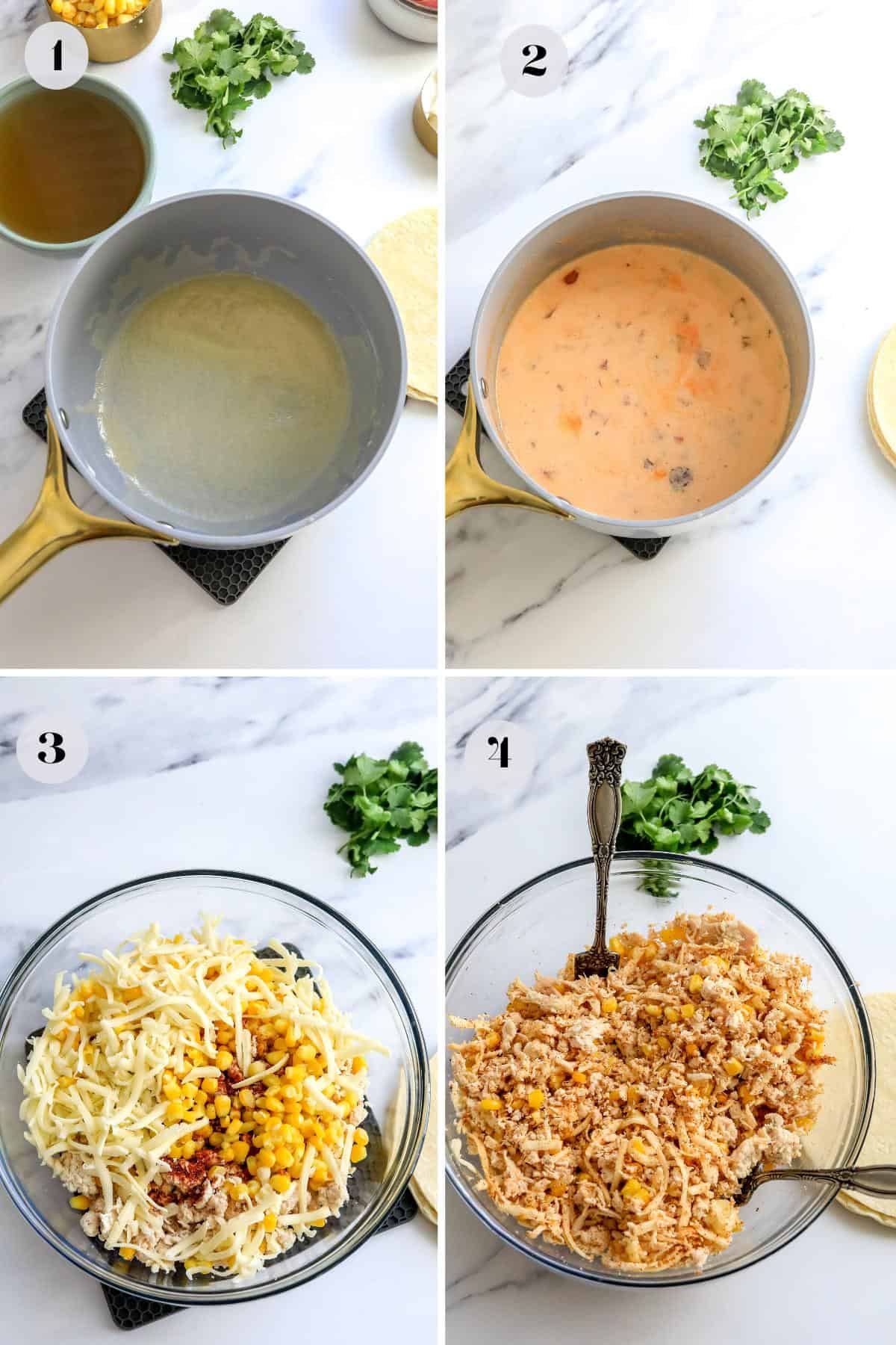 Steps to make this recipe in a grey sauce pan. Shredded chicken in a glass bowl with a fork. 