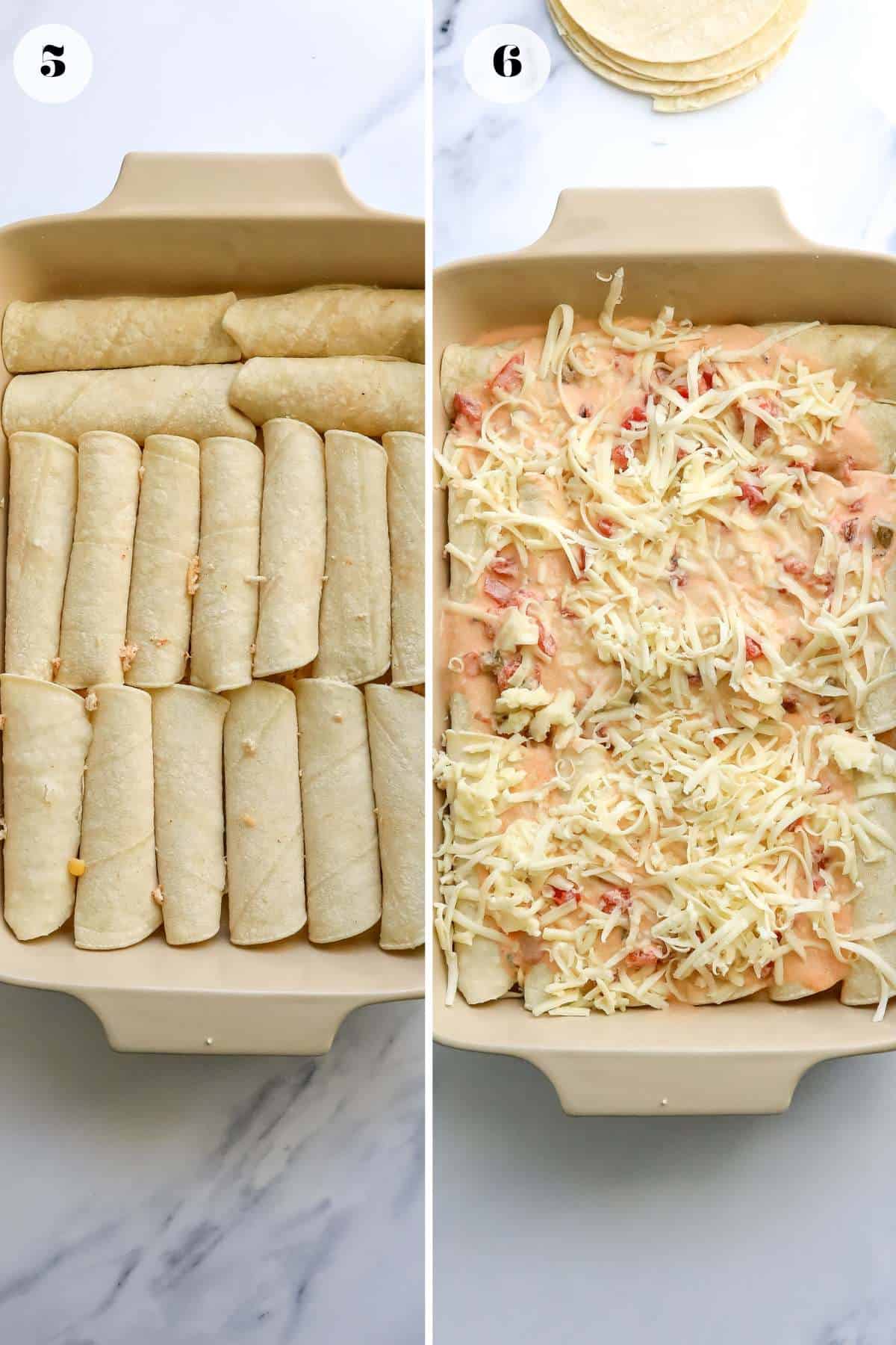 Baking dish with rolled enchiladas and cheese on them. 