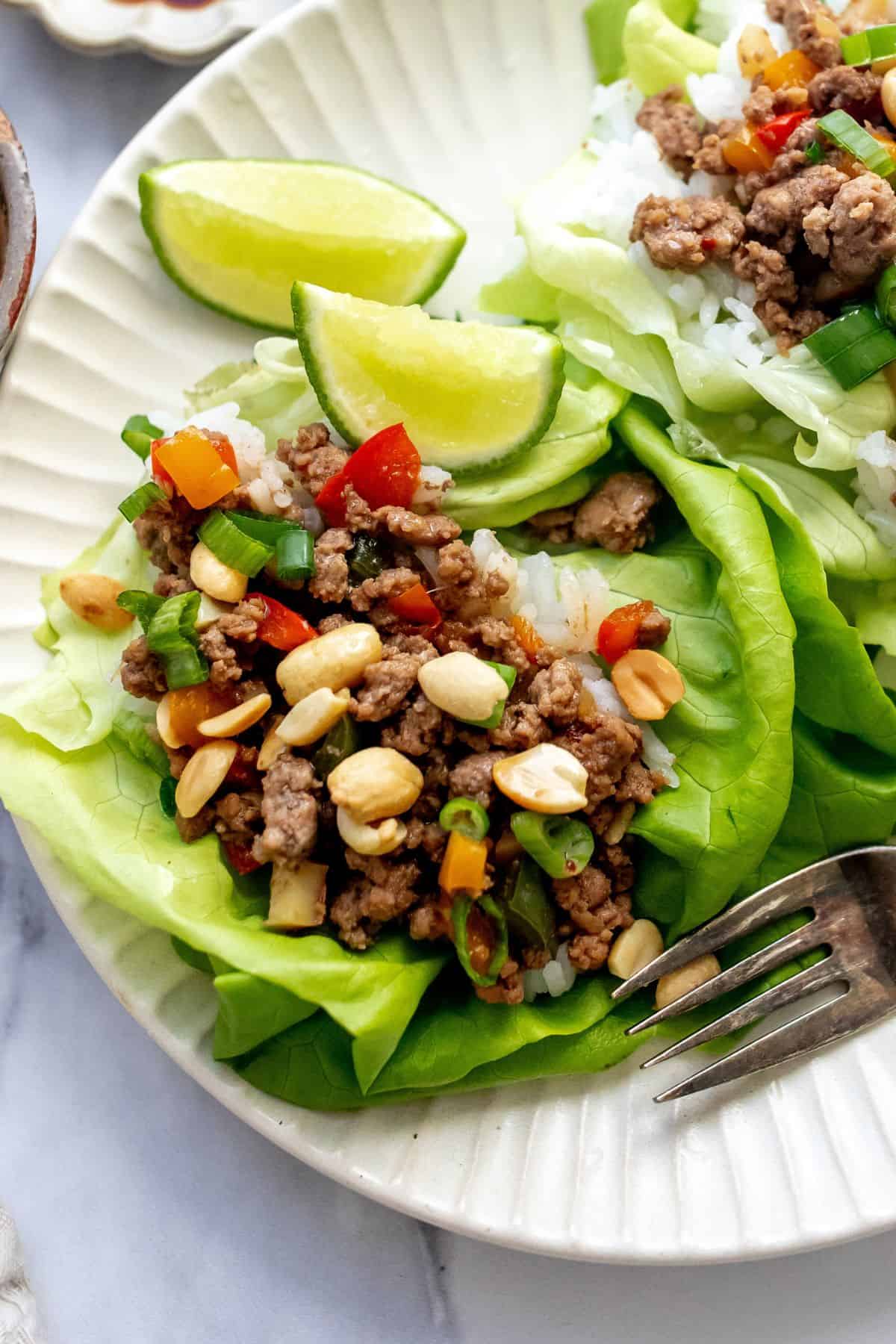 Ground beef lettuce wraps on a plate, up close with peanuts on top. 