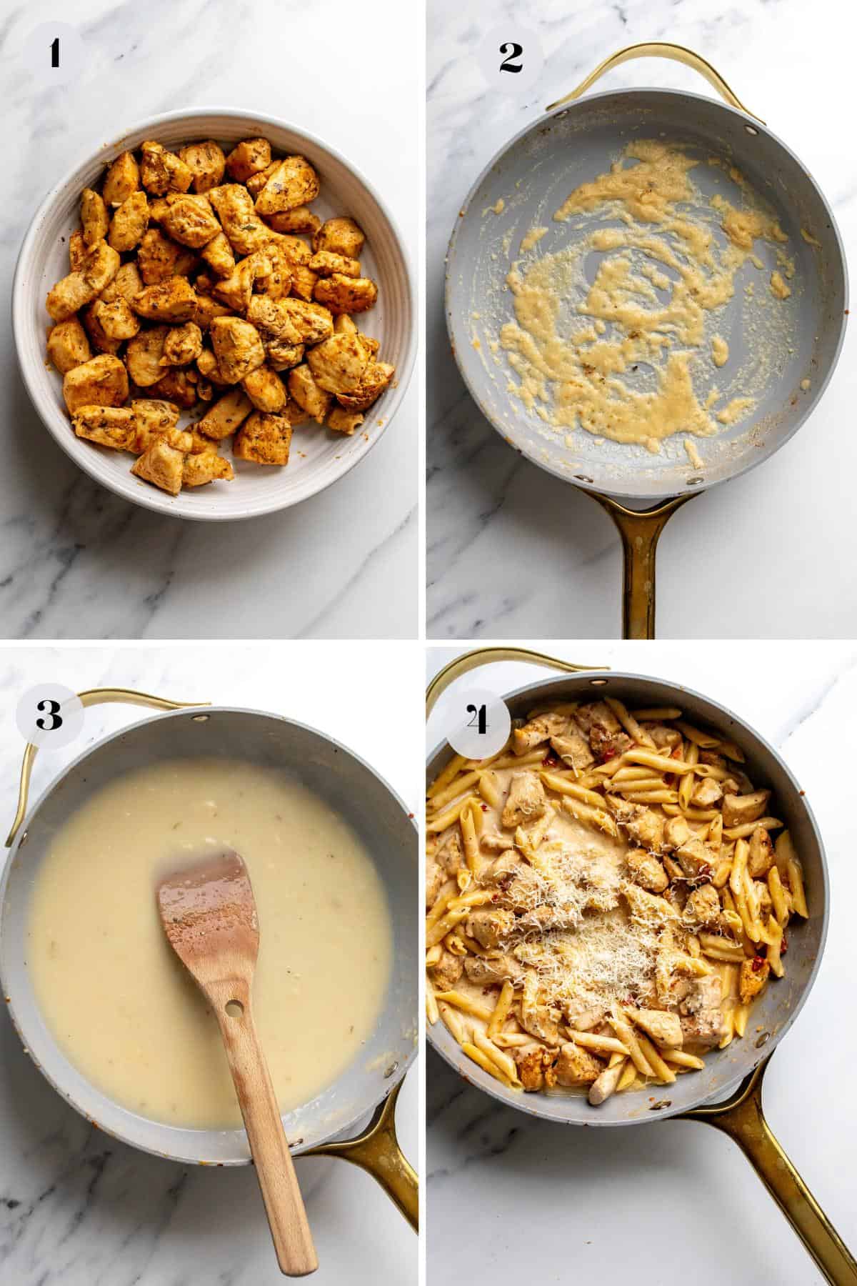 Steps to make the recipe in a grey skillet on a counter top. 