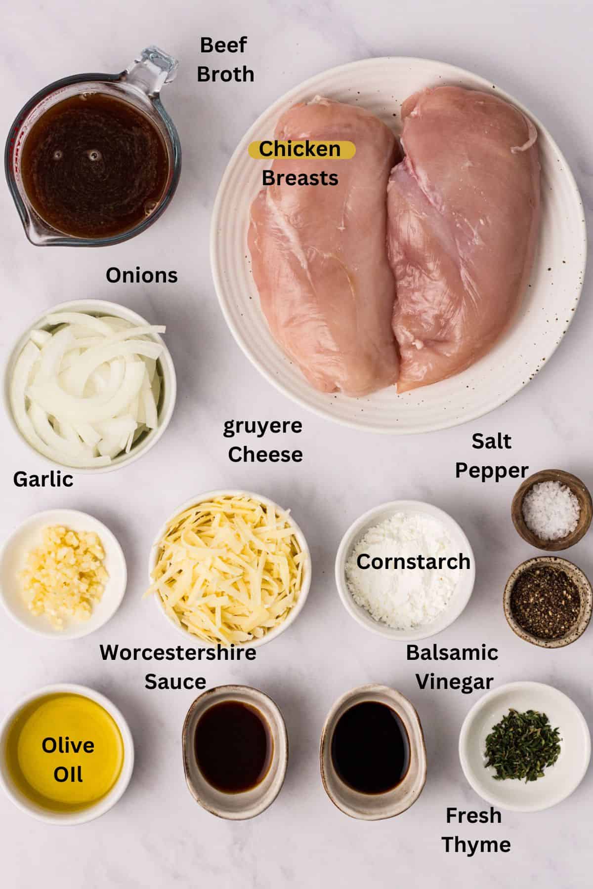 Ingredients needed to make the recipe on a white counter with mall plates and bowls. 