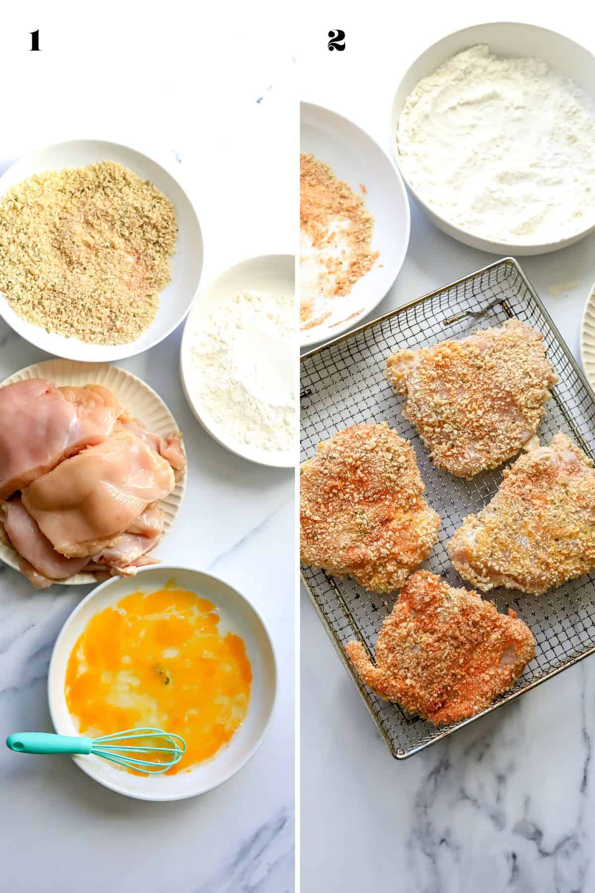 An overhead image of preparing the chicken cutlets.