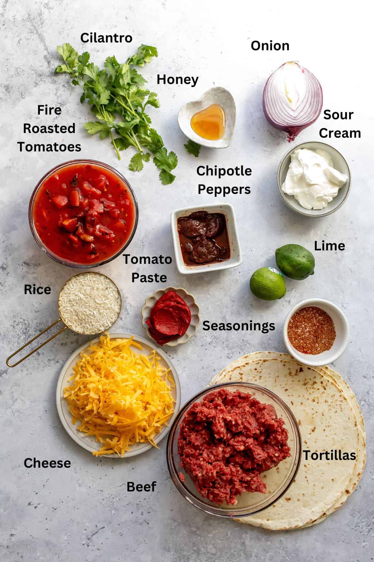 An overhead image of the ingredients of grilled cheese burrito.