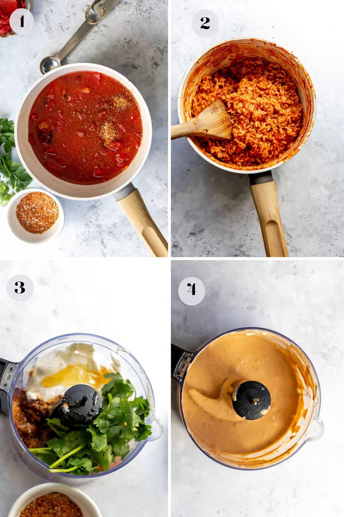 An overhead image of the process of making the rice and sauce.