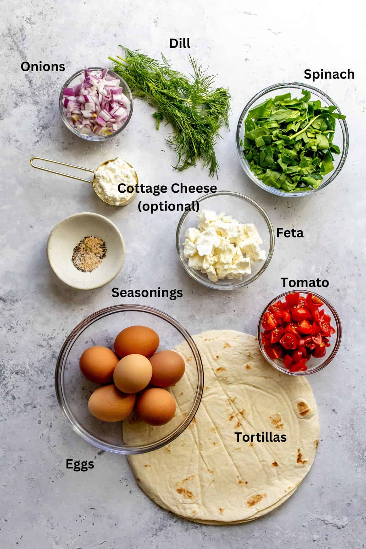 An overhead image of the ingredients of baked quiche.
