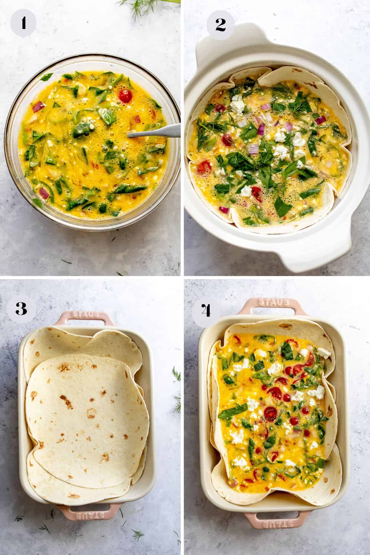 An overhead image of the preparing the quiche recipe.