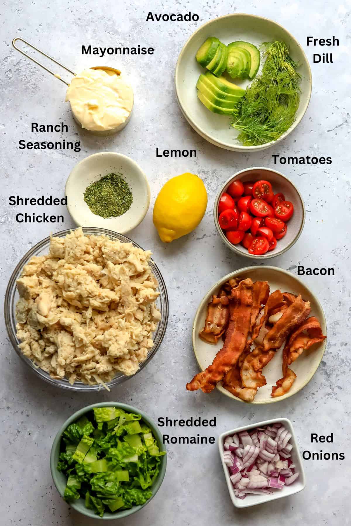 Ingredients to make this recipe on a countertop in bowls and a measuring cup.