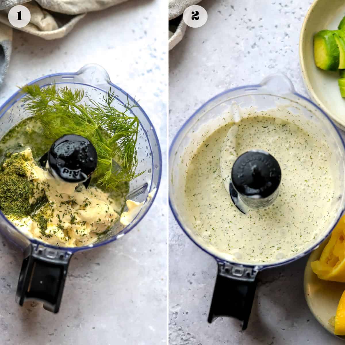 Small food processor with dressing ingredients in it.