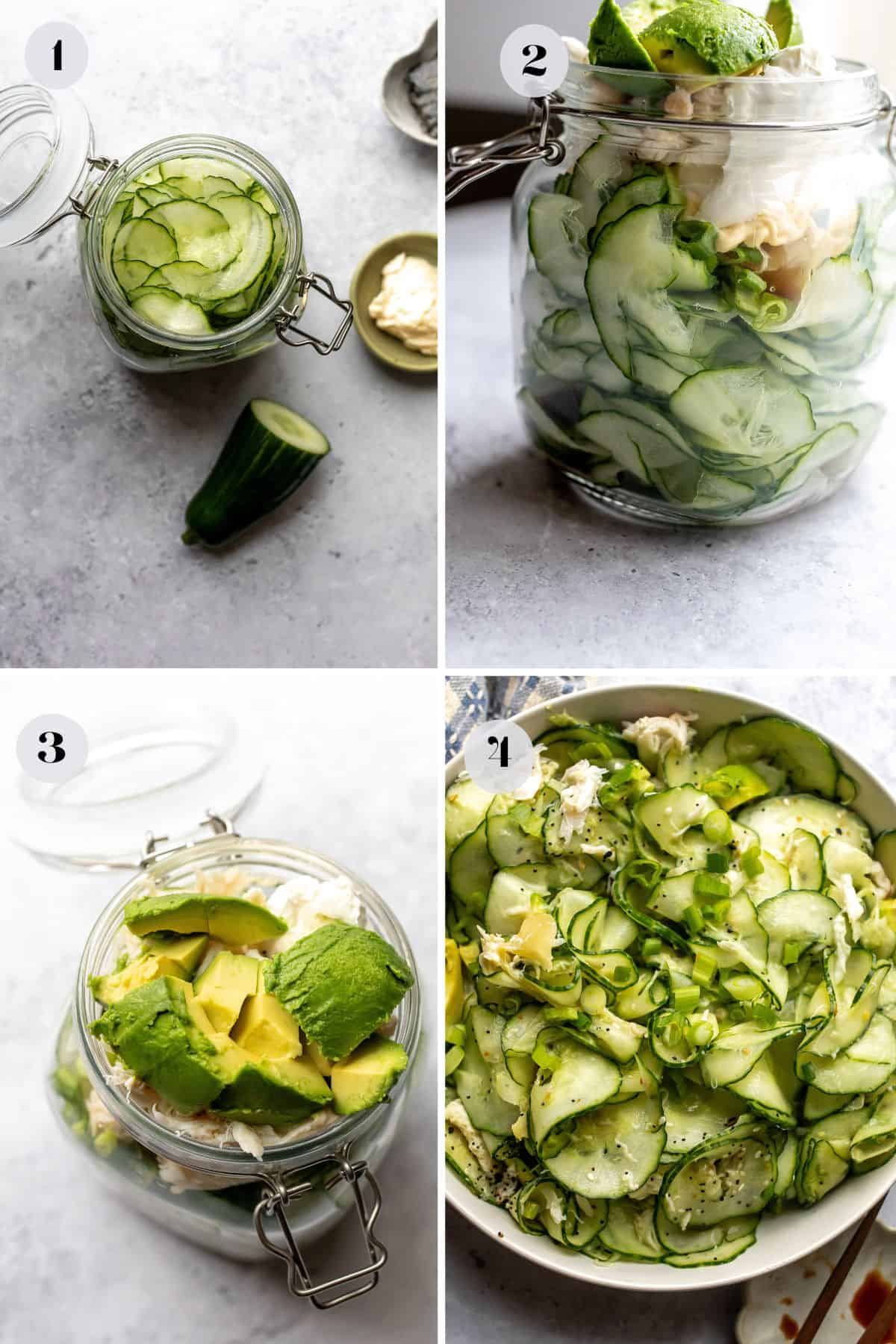 Steps to make this recipe in a large jar and a white bowl.