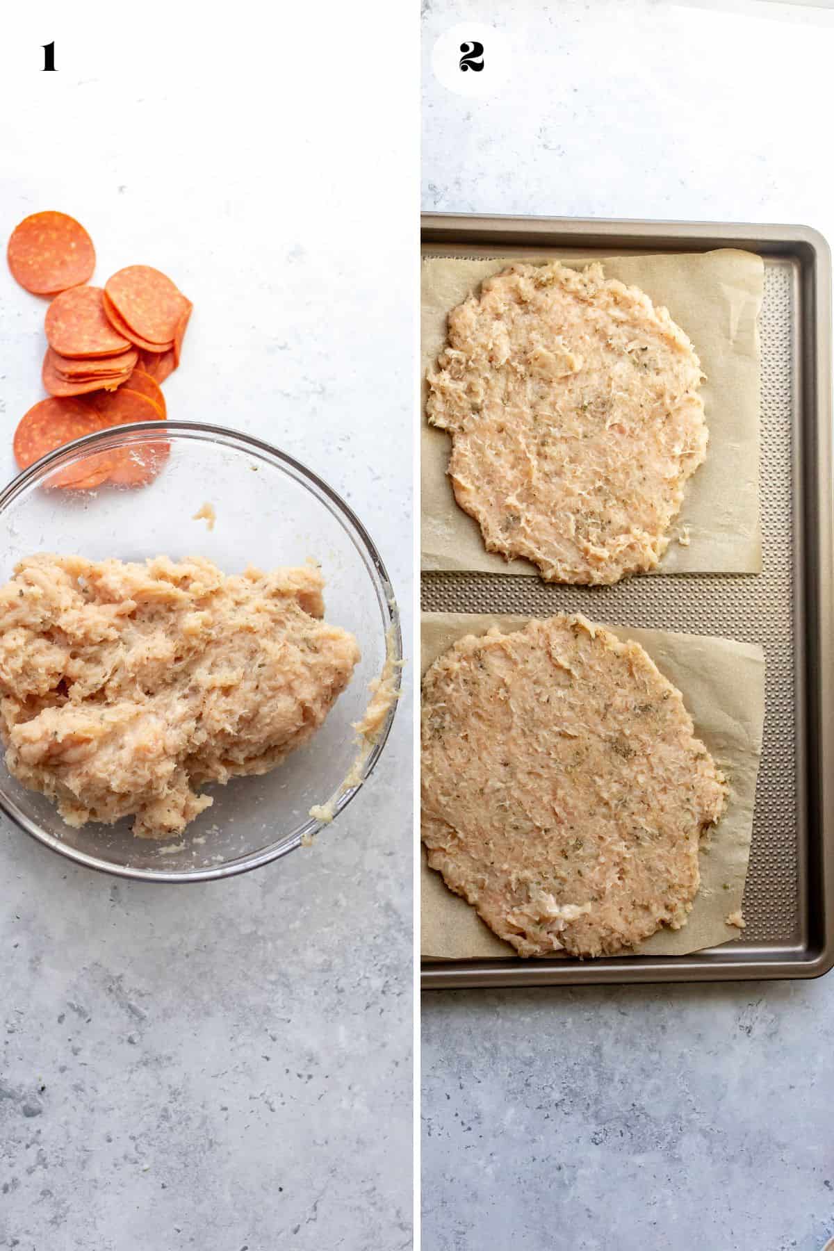 Steps to make the recipe in glass bowls and on baking pans.