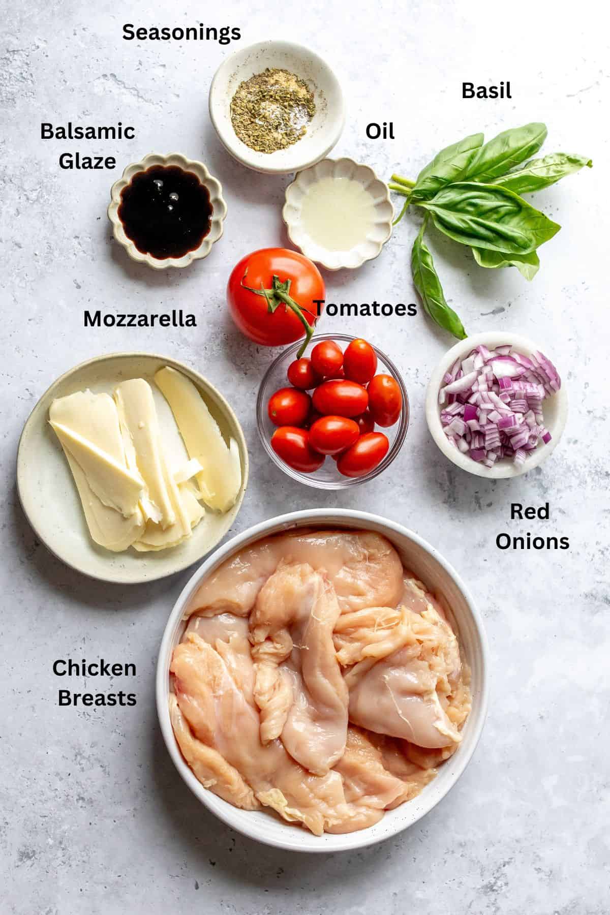 Delicious ingredients on a countertop in bowls, overhead photo.