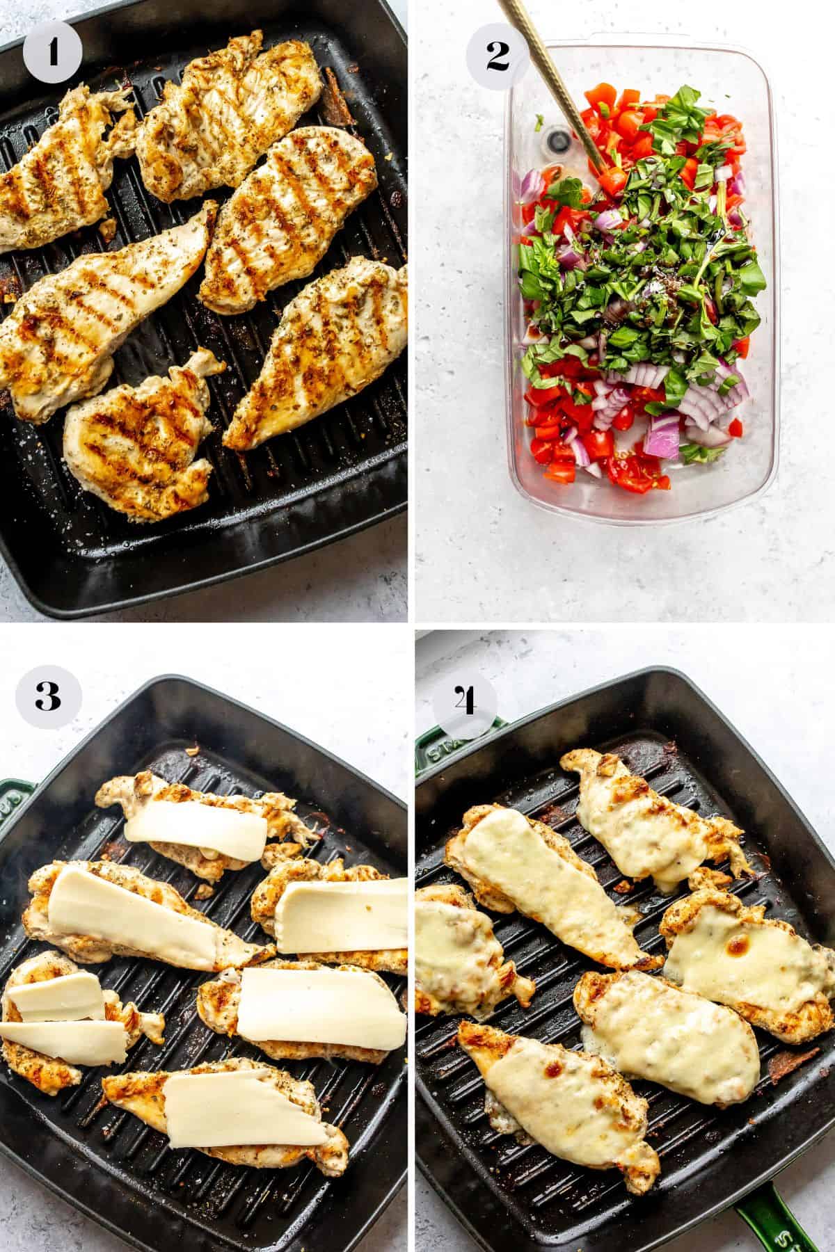 Steps to make the recipe on a grill pan and a glass bowl with chopped onions.