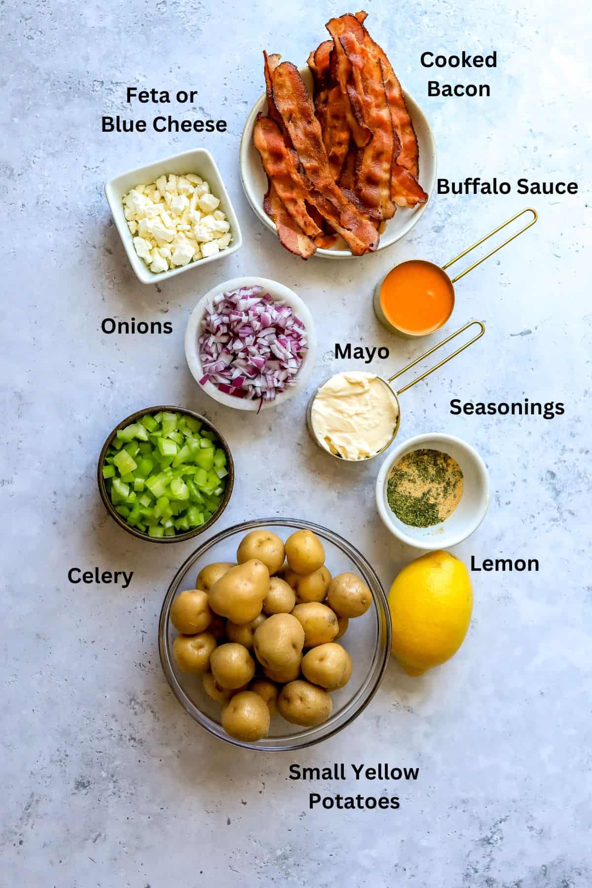 Ingredients needed to make this recipe on a grey counter top in measuring cups. 