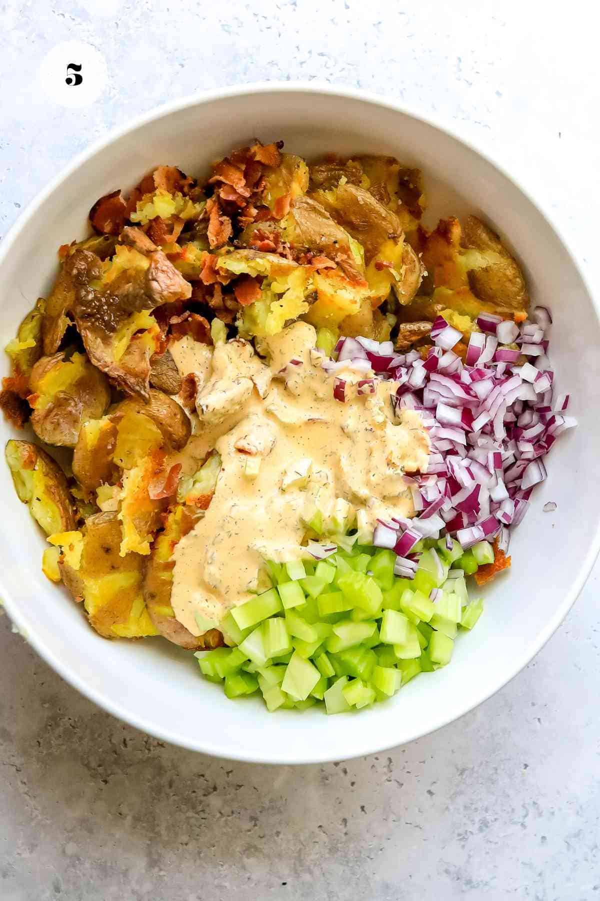 All the ingredients together in a big white bowl. 