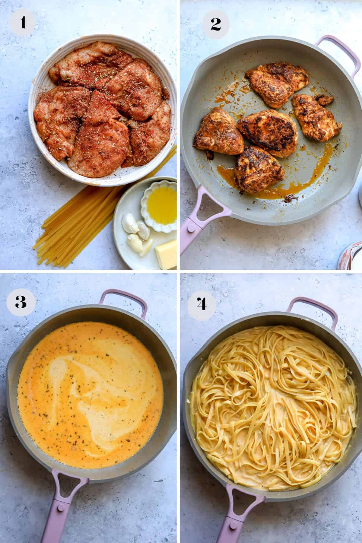 Steps to make this recipe in a pink skillet with noodles and sauce.