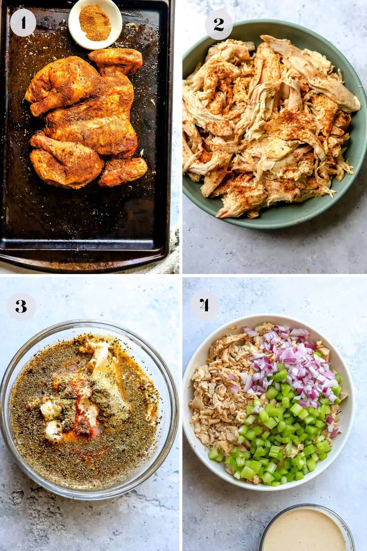 Steps to make this recipe in a white bowl and a baking sheet.