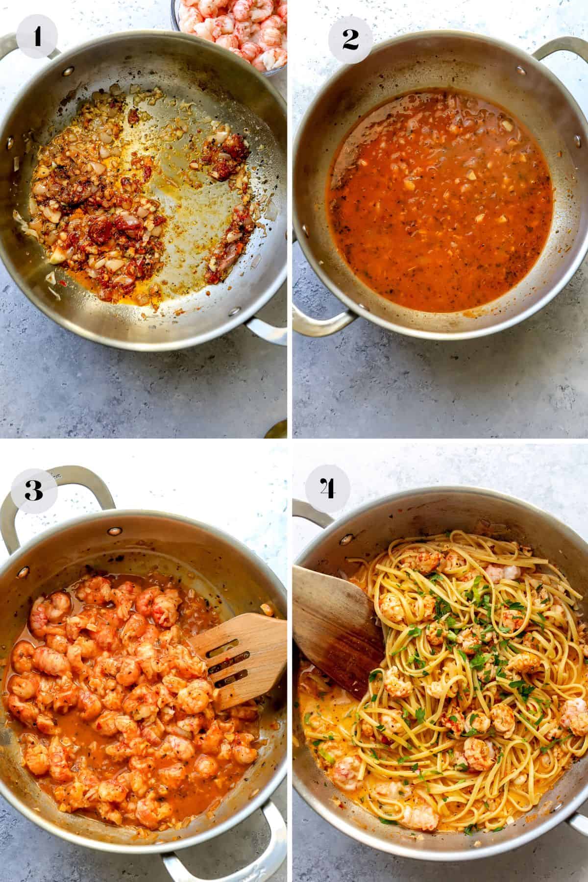 stainless steel skillet with ingredients sautéing in it
