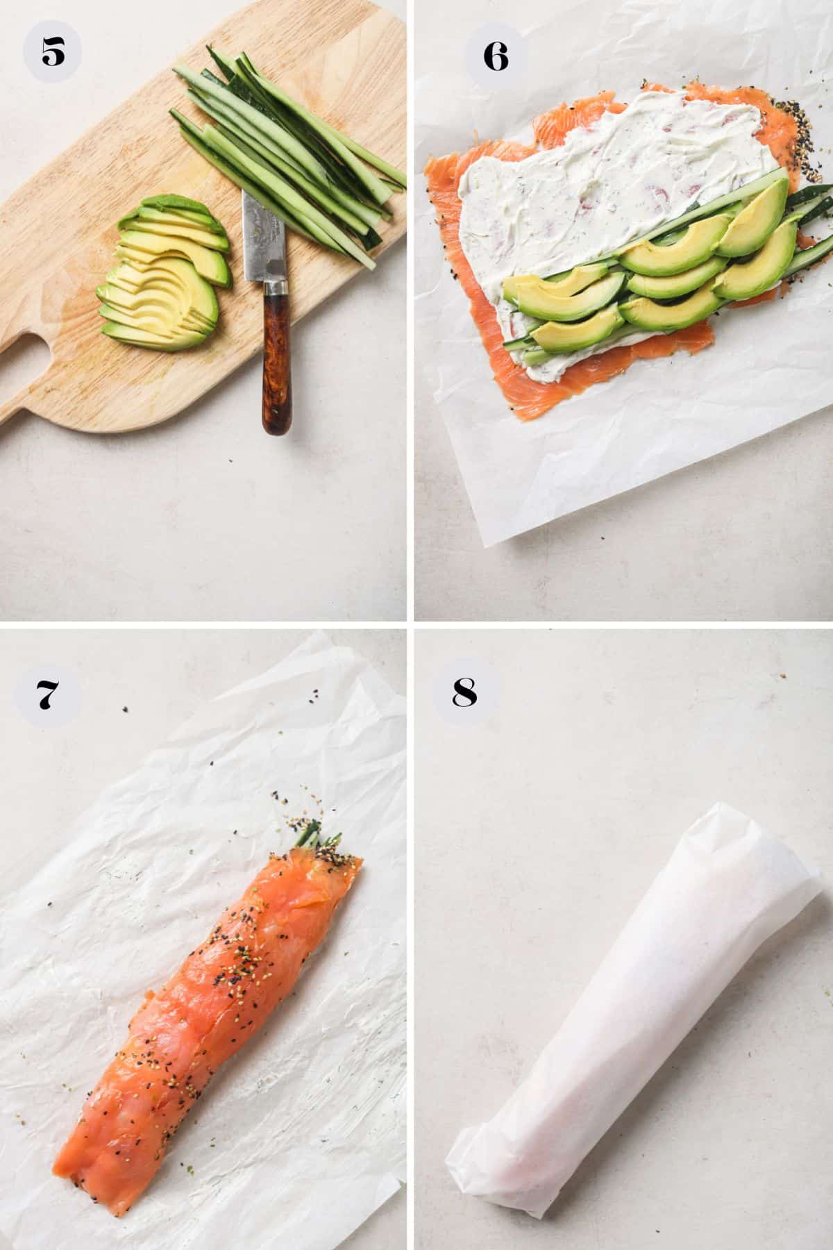 shots for steps 5-8 for Salmon Avocado Roll recipe  on a counter with parchment paper. 