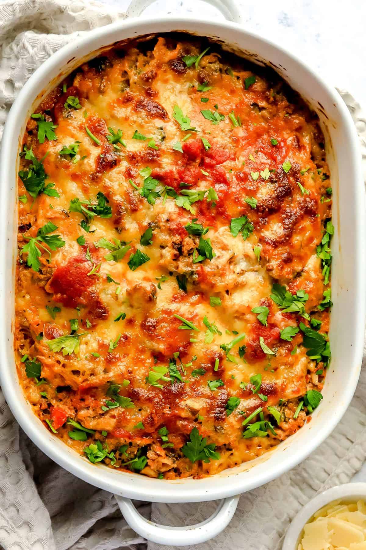 Spaghetti Squash Lasagna in a white casserole dish.