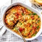 Spaghetti Squash Lasagna in a white casserole dish.