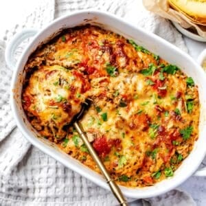Spaghetti Squash Lasagna in a white casserole dish.