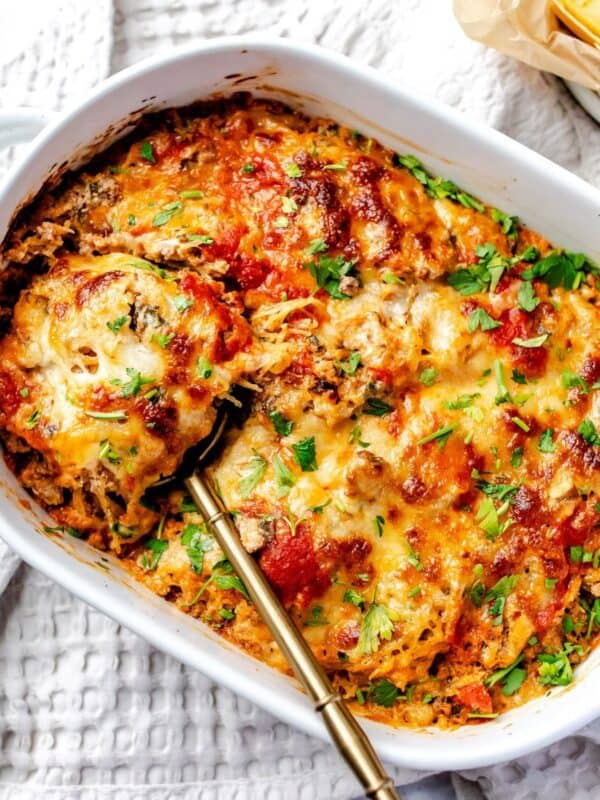 Spaghetti Squash Lasagna in a white casserole dish.