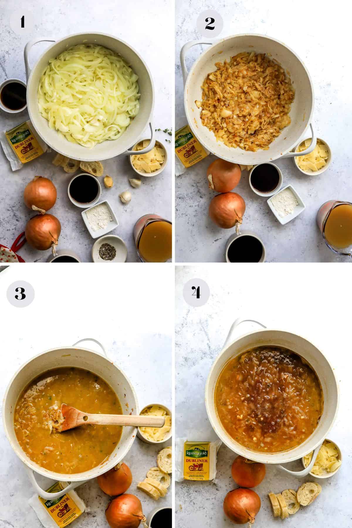 Steps to make this recipe in a large soup pot with ingredients to the side. 