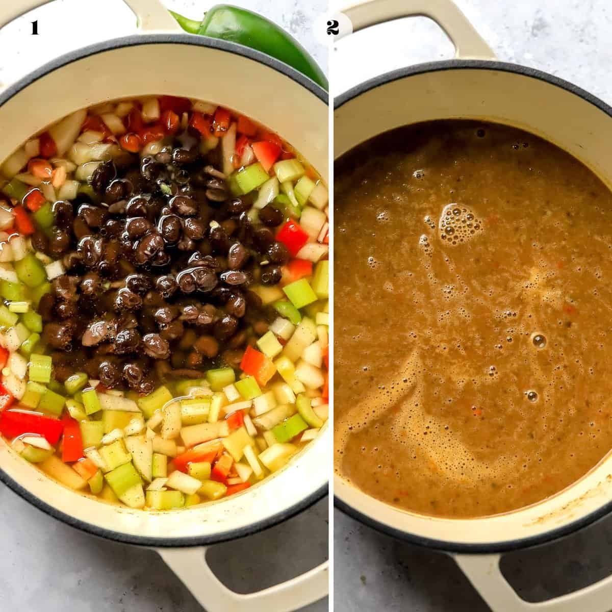 Ceramic grey pot with soup in it on a stovetop.