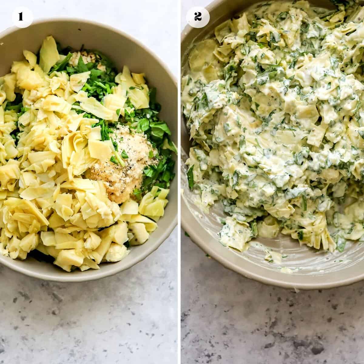 Steps to make this recipe in a grey ceramic bowl with artichokes and mayonnaise.