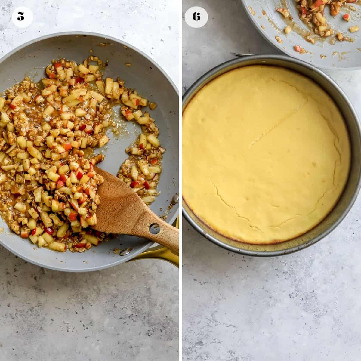 Apples in a sauté pan with a spatula. 